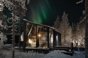 una cabaña en el bosque con la aurora en el cielo en Halo Igloos Resort, en Rovaniemi