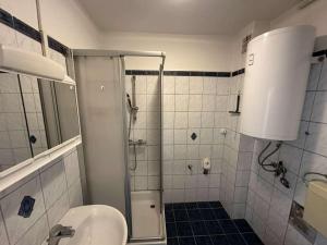 Un baño con ducha, inodoro y lavabo. en Charmante 2-Zimmer-Wohnung, en Eisenstadt