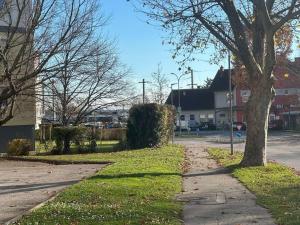 una acera con un árbol al lado de una calle en Charmante 2-Zimmer-Wohnung, en Eisenstadt