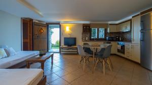 a kitchen and living room with a table and chairs at Stilvi in Tsagarada