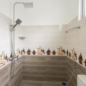 Skyport Villa Katunayaka في كاتوناياكى: حمام مزود بدُش والعديد من المزهريات