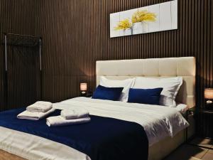 Maison Mimosa avec garage privé في دينانت: غرفة نوم بها سرير كبير مع مناشف عليه +8 صور