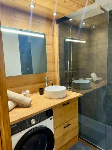 een badkamer met een wasmachine en een wastafel bij LiHam Alpine Suite in Megève