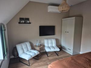 Un dormitorio con dos sillas y una mesa y un televisor. en B&B Lindehoeve Texel, en Den Hoorn