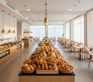 a cafeteria with a long table filled with lots of bread at Görgülü Apart 06 in Mamak