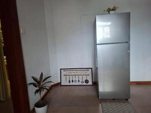 a stainless steel refrigerator in a room with a plant at ADLi in Belihuloya