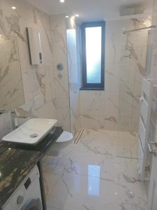 ein weißes Badezimmer mit Waschbecken und Dusche in der Unterkunft Wohnung im Herzen der Altstadt in Bonn