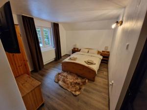 a bedroom with a bed and a television in it at Căsuța Alpină in Ranca