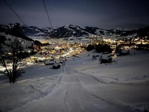 a town in the snow at night with lights at Apartment Alpenchalet Haldeli Dachwohnung by Interhome in Gstaad +14 photos