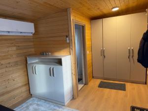 a small kitchen with a sink in a room at Bungalow Chilia in Mănăstirea Humorului