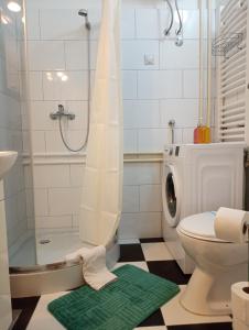 uma casa de banho com um chuveiro, um WC e uma máquina de lavar roupa em Apartment GARDEN 1 CENTER em Novi Sad