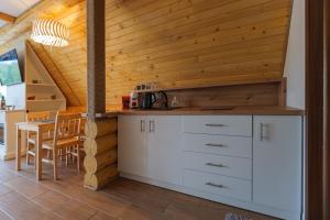 a kitchen with white cabinets and a wooden wall at Chilia Houses in Mănăstirea Humorului
