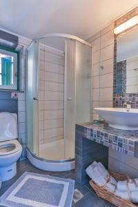 a bathroom with a shower and a toilet and a sink at Annika Deluxe Apartments in Symi