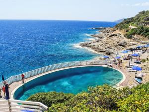 a swimming pool on a beach next to the ocean at Apartment Villa Le Palme by Interhome in Rio Marina