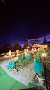 a garden at night with some plants in pots at The Unmad - Dharamkot in Dharamshala
