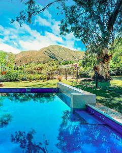 una piscina con un árbol y montañas en el fondo en Cabañas Estancia Balumba, en Capilla del Monte