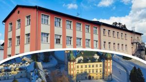 a building with a picture of a building under a bridge at Self-Check Hostel Rico in Vrchlabí