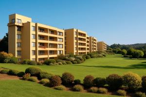 Smart Rentals - Agradable departamento en Mantagua في Estación Mauco: صف من مباني الشقق مع ساحة خضراء