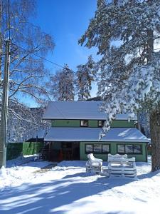 una casa verde con la neve sul cortile di Kuća za odmor-Aleksandra a Divčibare