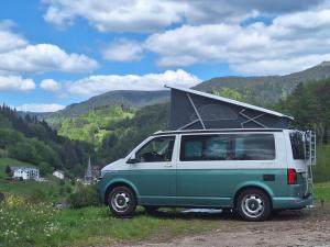 a green and white van parked in a field at Wildnis-Camp Schwarzwald in Bad Peterstal-Griesbach +6 photos