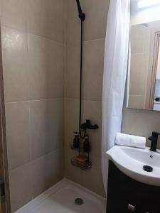a bathroom with a shower and a sink at Lambriana's House beach front in Thessaloniki +36 photos