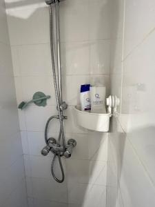 a shower in a bathroom with a sink and a shower at Buhardilla en Chueca, a pasos de Gran Vía in Madrid