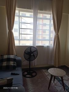 Makasembo furnished apartments one bedroom في كيزيمو: غرفة معيشة مع أريكة زرقاء ونافذة