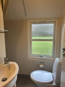 Velling Koller Hotel og Camping في Bryrup: حمام مع مرحاض ومغسلة ونافذة