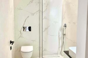 a bathroom with a shower with a toilet and a sink at New luxury modern Apartment in Šnipiškės in Vilnius +24 photos