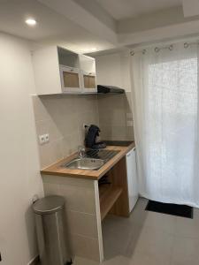 Studio proche de Paris في Valenton: مطبخ صغير مع حوض ونافذة
