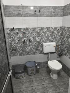 Nitin guest house في جالاندهار: حمام مع مرحاض وعلبتين قمامة