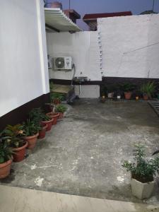 Nitin guest house في جالاندهار: ساحة مع نباتات الفخار في مبنى