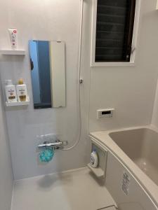 ein Badezimmer mit Waschbecken und Spiegel in der Unterkunft Miya's Home 102-名駅まるまる貸切メゾン in Nagoya