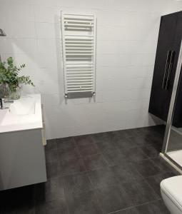 un bagno bianco con lavandino e doccia di Casa Valente a Viso