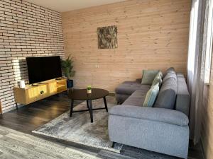 a living room with a couch and a tv at Dzintarjūras Namiņš 36 in Šķēde