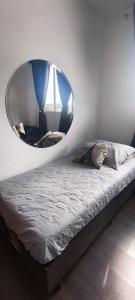 een bed met een ronde spiegel aan de muur bij Refúgio Premium UTFPR in Londrina