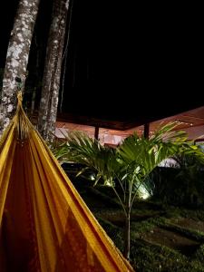 a hammock in a yard with a palm tree at casa refugio das bromelhas in Itacaré +2 photos