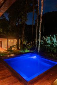 a blue swimming pool in a yard at night at casa refugio das bromelhas in Itacaré