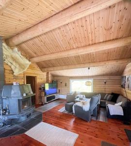 a living room with a couch and a fireplace at Mountain Cabin By Hundsåvatnet With Large Veranda in Fannrem +12 photos