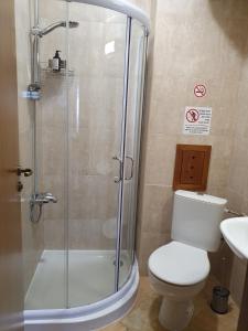 a bathroom with a shower and a toilet and a sink at Mountain View Pirin Golf in Bansko +12 photos