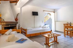a bedroom with a bed and a fireplace in a room at Villa Nikos Koukounaries in Koukounaries