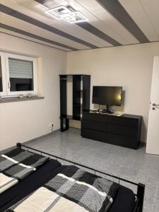 Cozy 2-room non-smoking apartment في بينسهايم: غرفة نوم بها سرير وتلفزيون في الغرفة +7 صور