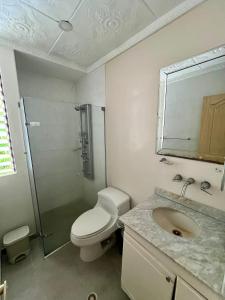 a bathroom with a toilet and a shower and a sink at Casa full Confort en el corazón de valledupar in Valledupar