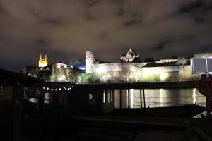 a view of a castle at night from the water at La toue Belle de Maine - Bateau traditionnel de la Loire in Angers +3 photos