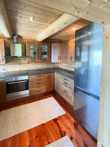 a kitchen with a stainless steel refrigerator and wooden cabinets at Mountain Cabin By Hundsåvatnet With Large Veranda in Fannrem