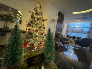 Un árbol de Navidad en el vestíbulo de un hotel con árboles de Navidad. en Reggenza Hotel Downtown Ramallah, en Ramallah
