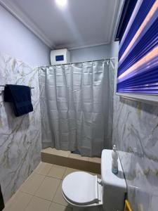 a bathroom with a white toilet and a shower at Max Court in Ikeja