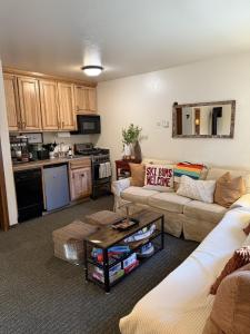 a living room with a couch and a kitchen at Lakeside Condo Close to Slopes Excellent Location in Tahoe Vista