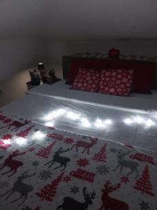 Park Apartment في كوكاني: سرير عليه بطانية عيد الميلاد مع الأضواء