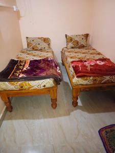 two beds sitting next to each other in a room at Manvitha Homestay in New Hampi
